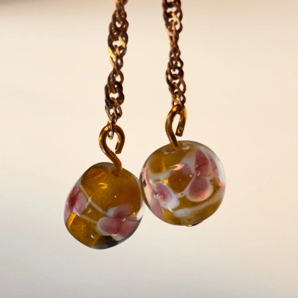 Vintage Glass Drop Earrings Gold Pink Floral Dangle Whimsygoth Boho Chic PL331